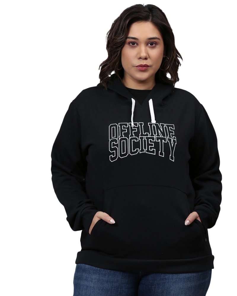 Front of a model wearing a size 6XL Black Hooded "Offline Society" Printed Sweatshirt in Black by Instafab Plus. | dia_product_style_image_id:297481